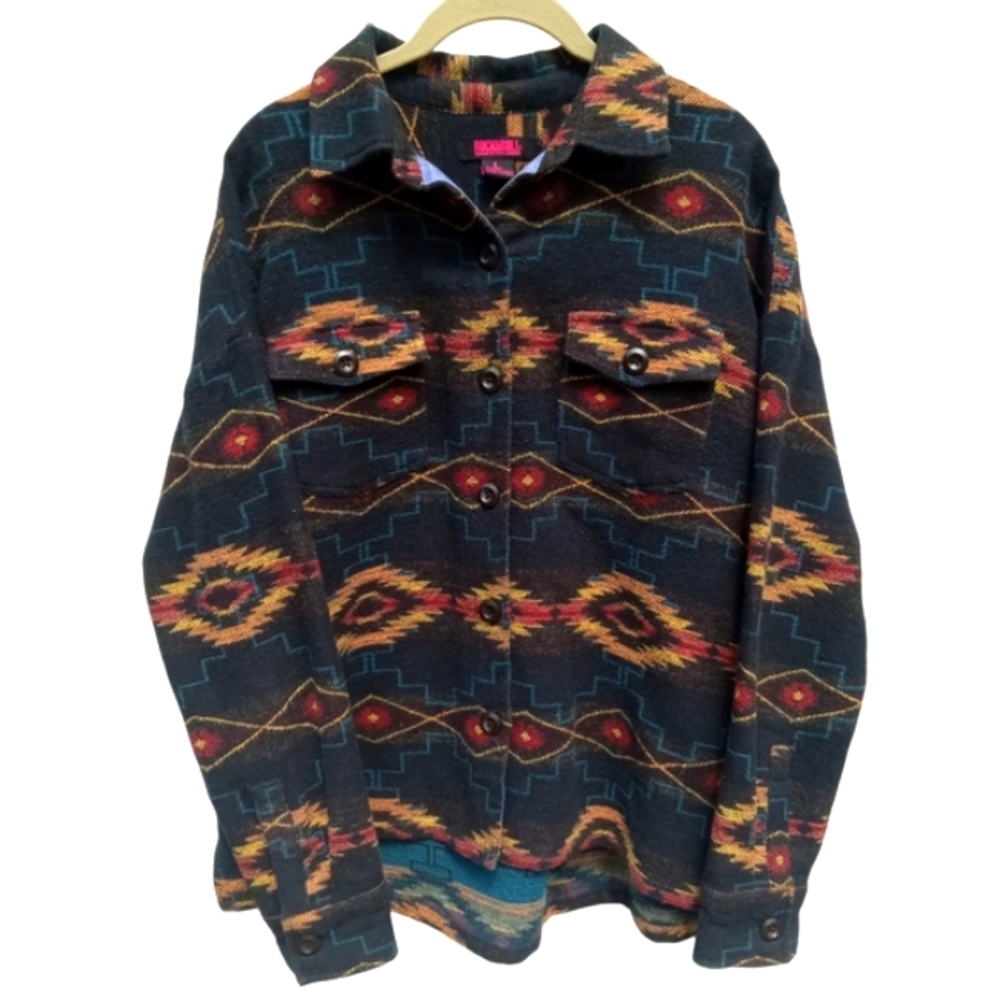 Rock & Roll Denim Colorful Aztec Patterned Button-Up Shirt Thick Cotton Large